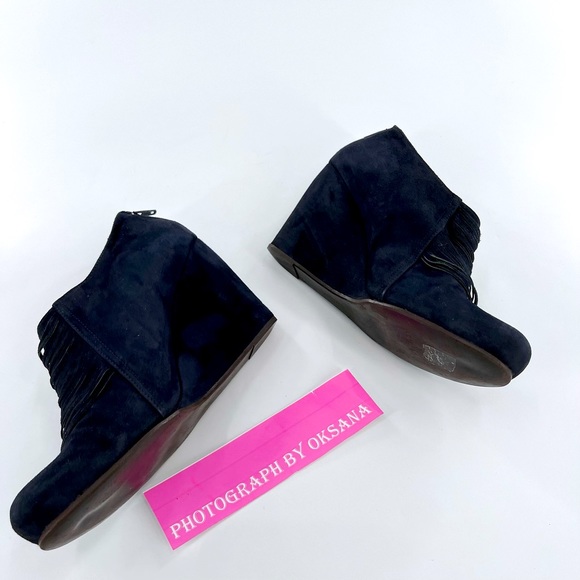 COCLICO SHOES Navy Blue SUEDE FRINGE WEDGE BOOTIES size 38.5 US 8 - Picture 5 of 16